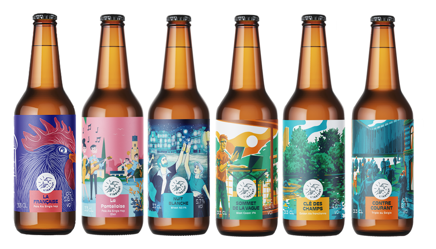 Visuel gamme permanente contenant les 6 bières : Française, La Pontelloise, Nuit Blanche, Sommet de la Vague, Clé des Champs et Contre Courant